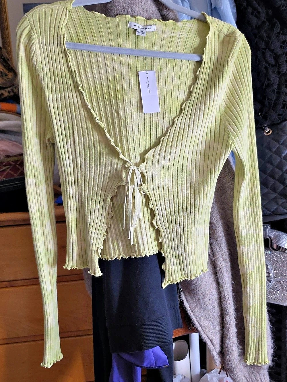 American Eagle Ribbed Tie-Front Cardigan Green Size Large